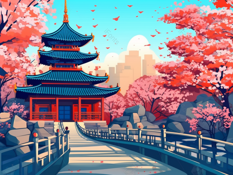 国风西湖景色柳树粉色的桃花梅花盛开在古桥古风建筑宫殿背景插画,插画/手绘图,插画/手绘图库,插画/手绘图下载,插画/手绘